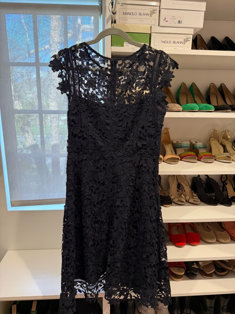 Eliza J tea length lace asymmetrical hem dress, navy blue, size 10, EUC